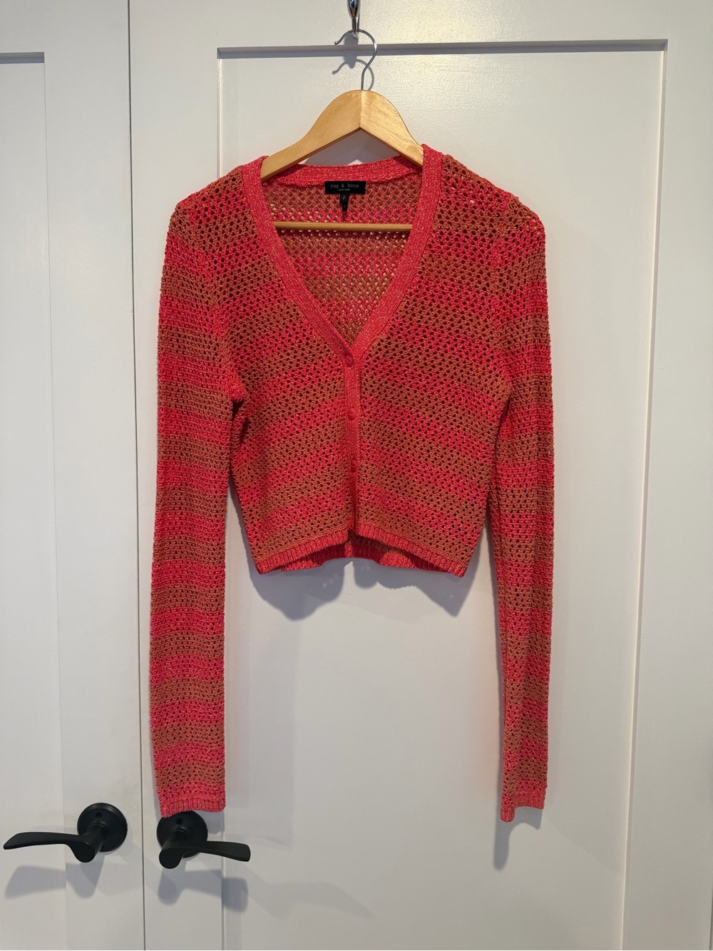 rag & bone Coral Pink Open-Knit Cropped V-Neck Cardigan